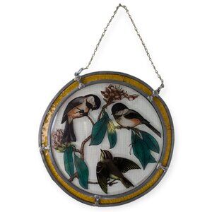 Vintage 1979 Glass Masters Sparrows Hanging Suncatcher Painted & Leaded Glass